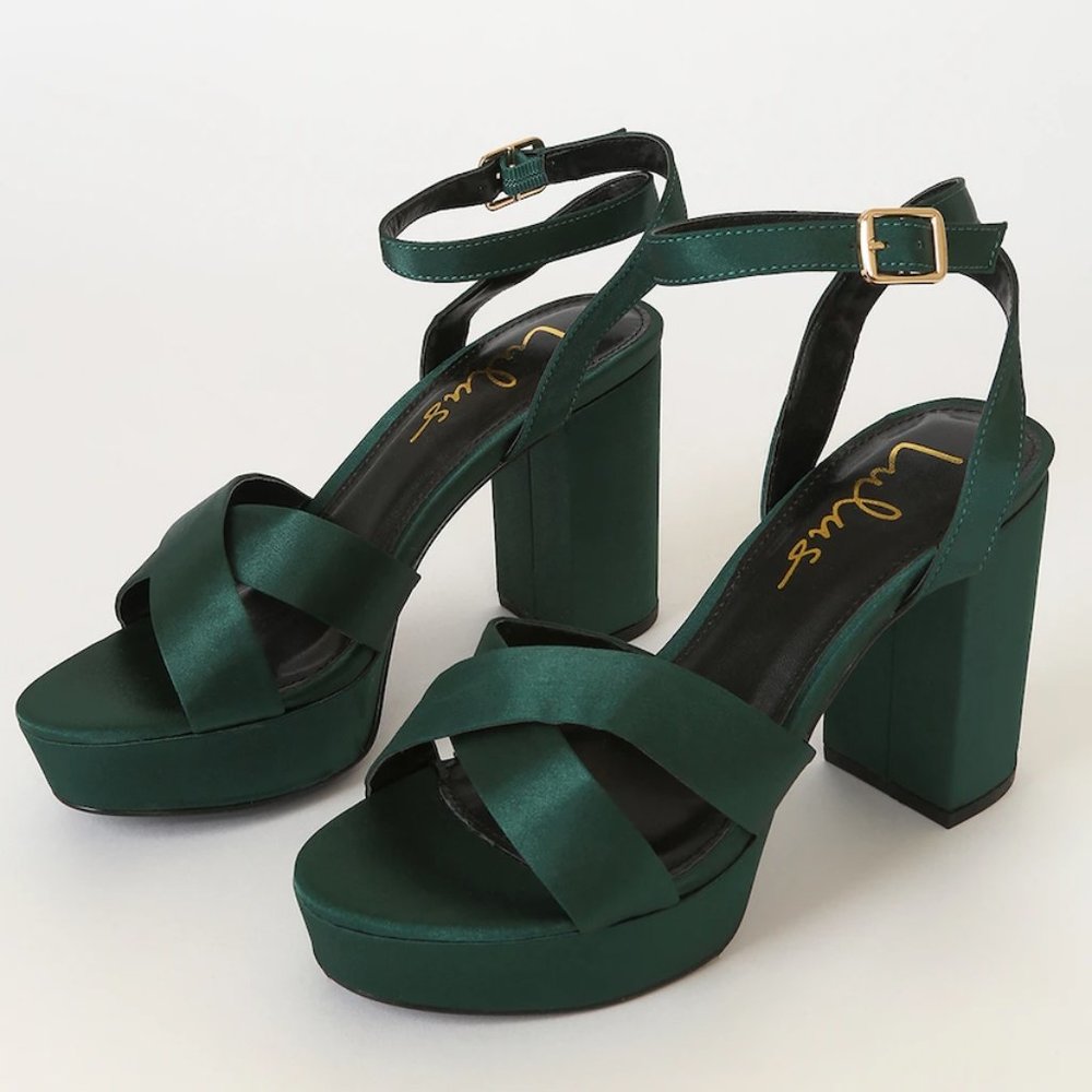 Lulu's Selah Emerald Green Satin Ankle Strap Heels